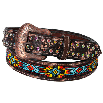 BAR H EQUINE Beaded Crystal Basket Tooled Hand Carved Western Leather Men And Women Belt Antique Brown
